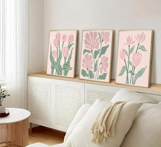 3 Pcs Pink Tulips Flowers Canvas Wall Art Boho Pink and Green Abstract Floral Botanical Paintings Pictures Wall Decor Poster Print Artwork for Living Room Bedroom Home Decoration Unframed thumbnail 4