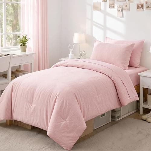 DECMAY Pink Twin Comforter Set for Girls 5 Piece Bed in a Bag Twin | Cationic Dyeing, Soft Lightweight Twin Bedding Set with Sheets, Pillowcase, Pillow Sham, All Season Bed Set for Girls - Image 1