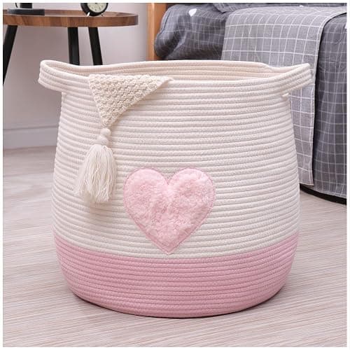 childishness ndup Large Cotton Rope Basket, Woven Storage Basket for Toy, Laundry and Blanket Organizer Basket, Round Hamper Basket with Handles for Kid's Room 17.7"x16.9" (Pink Heart) - Image 1
