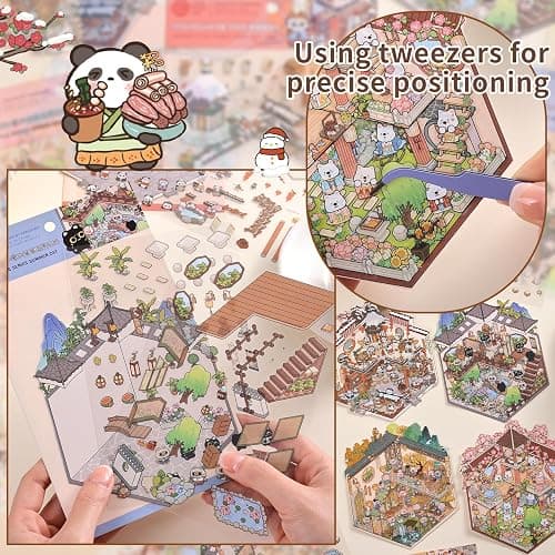 Girls 3D Miniature Scene Stickers, 4 Sets Chinese Courtyard DIY House Stickers for Lunar New Year, Spring, Summer, Auturn, Cute 3D Cartoon Sticker Scenes for Adult Kids Relief Stress Pass The Time thumbnail 5