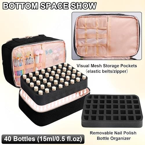 Veirdro Nail Polish Organizer Bag Holds 50 Bottles (15ml/0.5fl.oz)& Nail Lamp, Soft Velvet Nail Kit Storage Carrying Case with Shoulder Strap, Double Layer Nail Supplies Organizer Handbag Women Black thumbnail 4