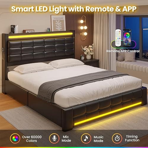 ADORNEVE Queen Bed Frame with Storage Headboard & 4 Drawers, LED Bed Frame Queen with Charging Station, Leather Upholstered Platform Bed Frame with Button Tufted, No Box Spring Needed, Black PU thumbnail 6