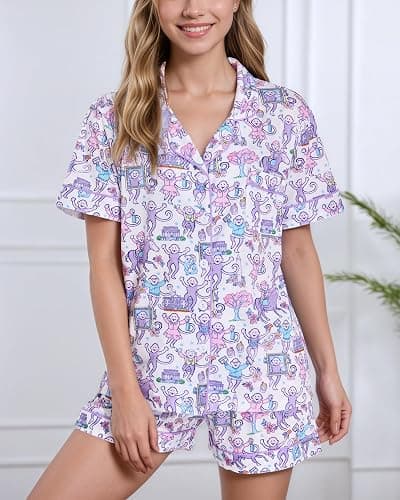 HMPEAIIY Womens Cute Monkey Pajamas Set Button Down Summer Loungewear PJs | 2PCS Preppy Top & Short Outfit, Short Sleeve, V Neck, Holiday Vacation Sleepwear, Beach, Christmas Thanksgiving New Year Gift thumbnail 3