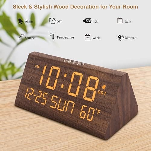 DreamSky Digital Alarm Clocks for Bedrooms - Wooden Desk Clock with Date, Day of Week, USB Port, Temperature, Dimmer for Bedside Table, Living Room, Office, Adjustable Volume, Auto DST, Wood Decor thumbnail 4