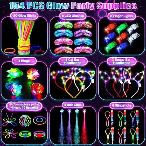 SHQDD 154PCS Glow in the Dark Party Supplies, Neon Party Accessories for Kids & Adults with Connectors and Glow Sticks to DIY, Light up Party Favors for Birthday, Concert, July 4th, Halloween thumbnail 2