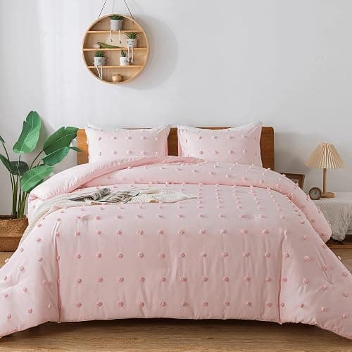 Paxrac Tufted Pink Full Comforter Set (80x90 inches), 3 Pieces- Soft Cotton Blush Lightweight Comforter with 2 Pillowcases, Chenille Dots All Season Down Alternative Comforter Set for Bedding - Pink - Full(80''x90'') - Image 1