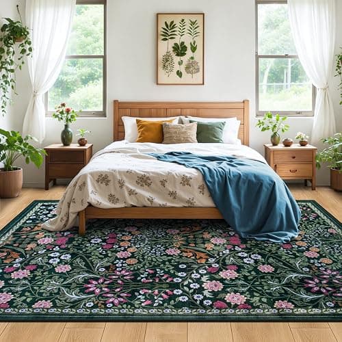 PLHXFR 8x10 Area Rug Living Room: Floral Washable Boho Carpet Dark Green | For Bedroom Dining Room Farmhouse Nursery Hallway,Vintage Floral,Machine washable,Non Slip,Stain Resistant,Large Indoor thumbnail 3