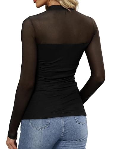 Womens Sexy Mesh Long Sleeve Shirts Fashion Clothing Turtle Necks Sheer Ruched Going Out Tops Fall Outfits Slim Fit Blouses thumbnail 5