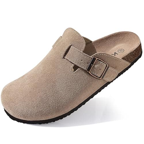 KIDMI Women's Suede Clogs Leather Mules Cork Footbed Sandals Potato Shoes with Arch Support - 8.5 - Taupe