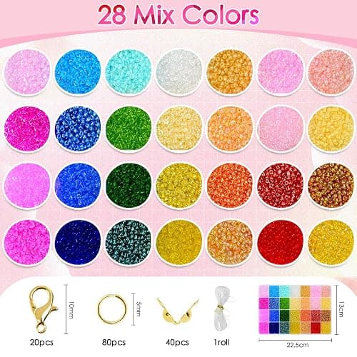 Vtssvow 3mm Glass Seed Beads for Bracelets Making, 28 Colors 11000pcs Friendship Bracelet Making Kit, Small Glass Beads for Jewelry Making (Mix 28 Color, Transparent) thumbnail 3