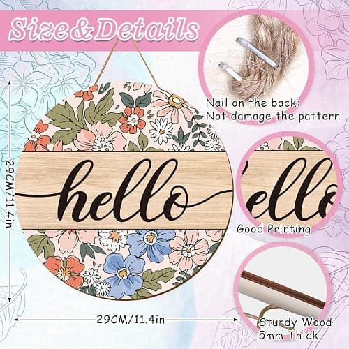 Whaline Vintage Hello Front Door Sign Boho Flower Welcome Wall Sign Colorful Floral Wooden Hanging Wreath for Spring Summer Holiday Indoor Outdoor Farmhouse Home Porch Window Decor thumbnail 3