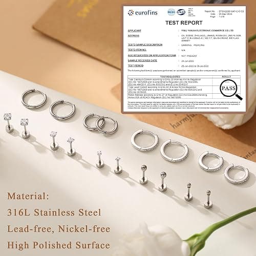 CASSIECA 9 Pairs Earrings for Women, 316L Surgical Steel Earring Set 14K Gold Hoops Earrings Stud Earrings Hypoallergenic Cartilage Huggie Hoop Tragus Piercing Jewellery - 9 Pairs- Silver thumbnail 5
