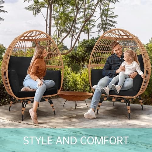 Murago 360°Swivel Indoor/Outdoor Oversized Rattan Egg Chair | Patio Wicker Egg Chair with Overstuffed Cushions, 440lb Weight Capacity, Natural/Black thumbnail 3