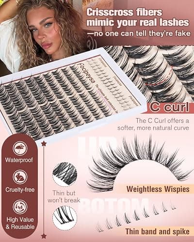 Focipeysa Wispy Lash Clusters Natural Eyelash Clusters Pestañas Postizas Naturales Spiky Manga Lash Extensions C Curly Individual Lashes 10-16mm with Bottom Lashes Clusters DIY Lash at Home thumbnail 4
