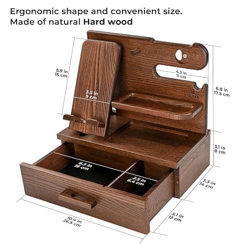 TESLYAR Wood Phone Docking Station with Drawer - Nightstand Organizer - Desk Organizer for Husband - Birthday Gifts for Men, Dad, Anniversary Idea, Key Holder Stand Watch & Accessories (Bourbon Brown) thumbnail 7