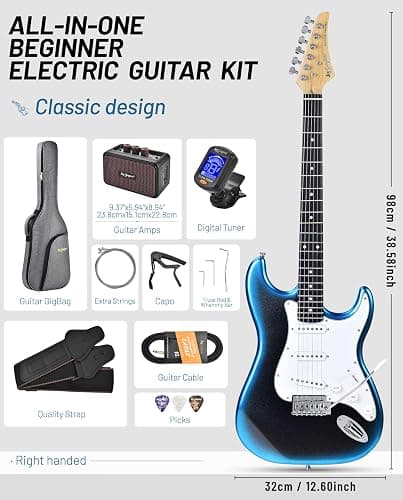 Leo Jaymz Beginner Electric Guitar Complete Kit with Portable Amp, Padded Gig Bag & Full Accessories, Maple Neck SSS Pickups (Blue-Black Fade) thumbnail 2