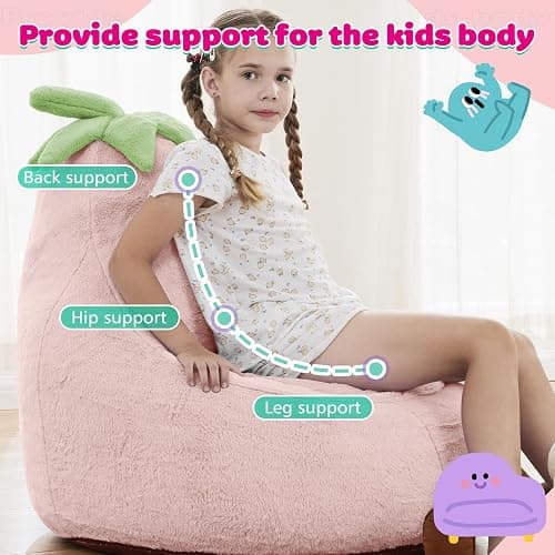 DUMOS Kids Bean Bag Chair, Stuffed Toddler Couch with Faux Rabbit Fur Cover for Teens & Kids, Comfy Lazy Sofa Chair for Reader, Living Room, Bedroom, Aged 4-12 Years, 31 Inch, Pink thumbnail 5
