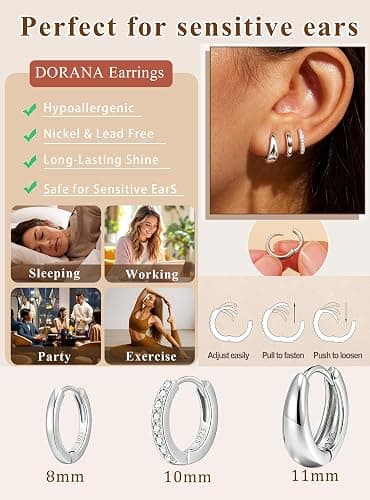 DORANA Jewelry for Her Gift 3 Pairs 925 Sterling Silver Earrings for Women Non Tarnish 14K Gold Plated Small Hypoallergenic Huggie Hoops Cartilage Stack Earring Sets for Multiple Piercing thumbnail 5