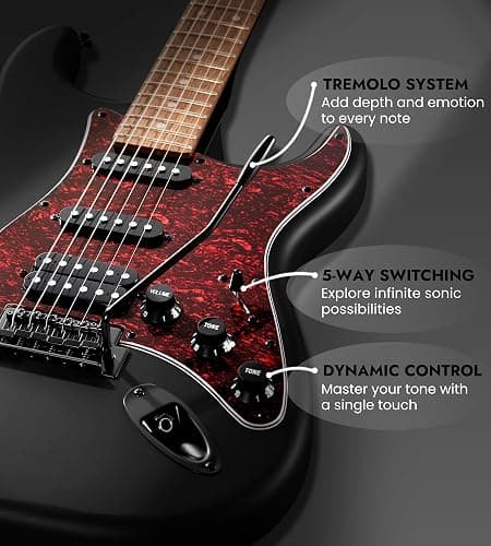 Tostar Electric Guitar Kit with Amp HSS Pickup Beginner Electric Guitar Stratocaster with Gig Bag,Capo,Tremolo, Strap, Picks 39" Full Size Electric Guitars Heavy Metal 6 String for Gifts Satin Black thumbnail 3