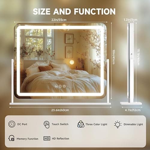 Hasipu Vanity Mirror with Lights, 22" x 18" LED Makeup Mirror, Light up Mirror with Smart Touch 3 Colors Dimmable, Brightness Adjustment, 360° Rotation (White) thumbnail 2