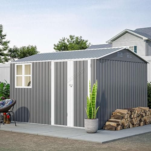 BIRCHTREE Garden Shed Steel Apex Roof House Outdoor Backyard Storage With Lockable Double Doors Window Free Foundation Tool Equipment Organizer Air Vents 10x8FT Grey thumbnail 9