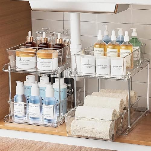Fabspace Bathroom Under Sink Organizers and Storage, 2 Tier, 2 Packs | Clear Vanity Countertop Pull-out Cabinet Organizer, Stackable Multi-Purpose Kitchen Pantry Organization with Dividers - Image 1