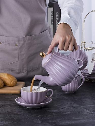 Jusalpha Porcelain Tea Set- 8 OZ Coffee/Teacup, Saucer, Cup Holder, Purple | 17-Pieces, Serve of 4- included Teapot, Creamer set, Spoons and Cup holder Stnad (FD-TW17PC SET, Purple) thumbnail 7