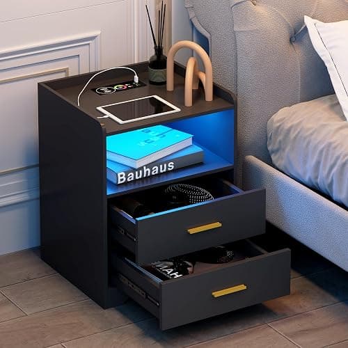 dnbss Black LED Nightstand with Charging Station, Modern Night Stands with 24-Color RGB LED Lights, Smart Lighted Black Bedside Table with 2 Drawers for Bedroom thumbnail 9
