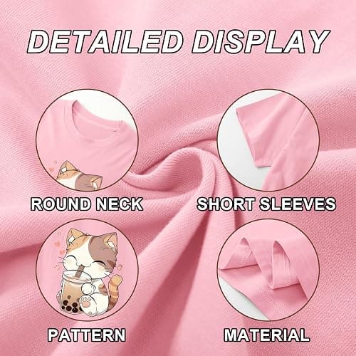 KEEVICI Cute Cat Shirts for Girls Graphic Tees Bubble Tea Tshirt Kids Kawaii Cartoon Animal Print T Shirt Summer Cotton Tops thumbnail 4