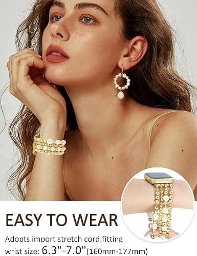 JR.DM Gold Beaded Bracelet Bands Women Compatible with Apple Watch 40mm 42mm(S10/11) 41mm 38mm Dressy Fancy Stretchy Elastic Jewelry Strap Replacement for iWatch Series 11/10/9/8/7/6/5/4/3/2/1/SE thumbnail 3