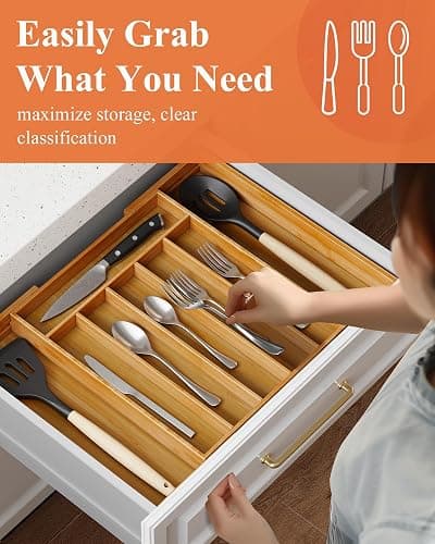 Kitsure Large Bamboo Silverware Organizer - Expandable Drawer Organizer for Utensil, Cutlery and Flatware, Kitchen Storage Solution with 6 to 8 Slots, Natural, 19.4" × 13.1" × 1.8" thumbnail 4