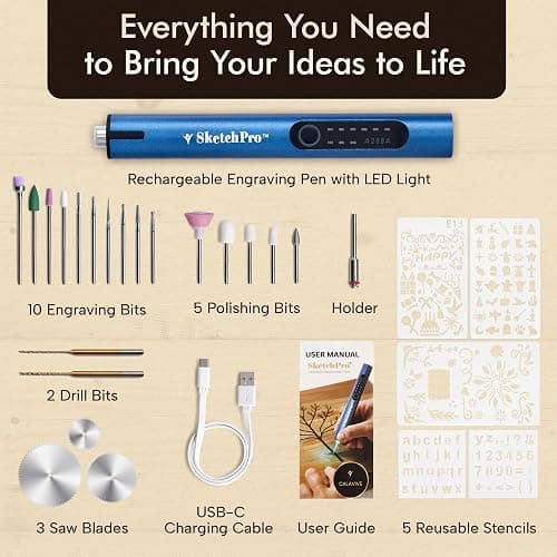 SketchPro Cordless Engraving Pen with LED Light – 3-Speed Precision Etching Tool for Wood, Metal, Glass & Plastic – USB-C Rechargeable, 26 Accessories – Ideal for DIY, Jewelry & Craft Projects thumbnail 2