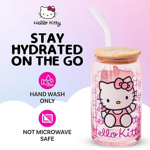 Silver Buffalo Sanrio Hello Kitty Waving Pink Glass Jar Tumbler with Bamboo Lid and Glass Straw, 16 Ounces | Sanrio, Waving, Jar, Tumbler, Bamboo Lid, Glass Straw thumbnail 4