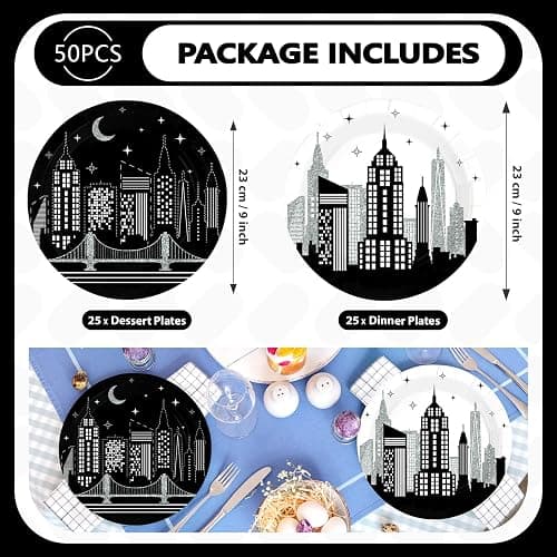 Grencian 50 Pcs New York City Skyline Paper Plates 9 Inch | NYC Building Disposable Plates City Skyscraper Building Dessert Plates for American 4th of July Holiday Urban Bday Supplies thumbnail 3