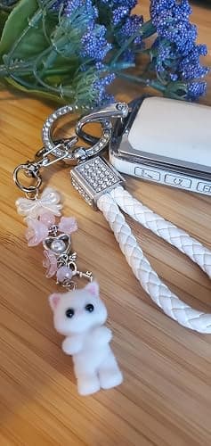 Safe Zone Playpen Cute Cat Keychain, Fuzzy Kitty Decor Gift for Cat Lovers, Heart Bow Pendant, Women Girls Kawaii Bag Charm - Fuzzy White Cat thumbnail 2