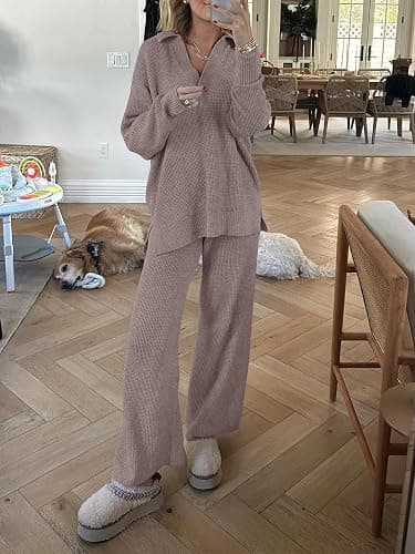 ANRABESS Women Two Piece Outfits Sweater Sets Lounge Waffle Knit Pullover Matching Wide Leg Pants Tracksuit 2025 Fall Fashion thumbnail 5