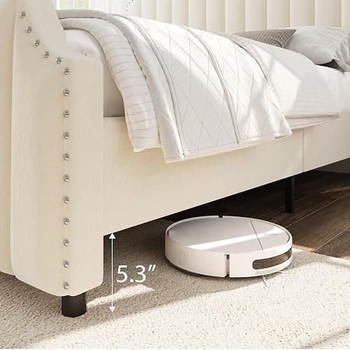 GarveeHome Queen Size Platform Bed Frame with 50.2 in Headboard, Velvet Upholstered Bed Frame Queen with Vertical Channel Tufted Headboard & Footboard, Nailhead Trim, No Box Spring Needed, Cream thumbnail 7