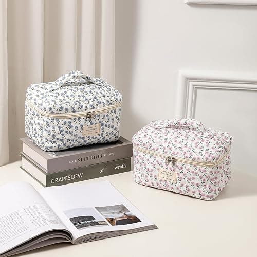 uekeboag Large Travel Quilted Makeup Bag for Women, Floral Cotton Cosmetic Bag, Coquette Aesthetic Floral Toiletry Organizer Bag thumbnail 4