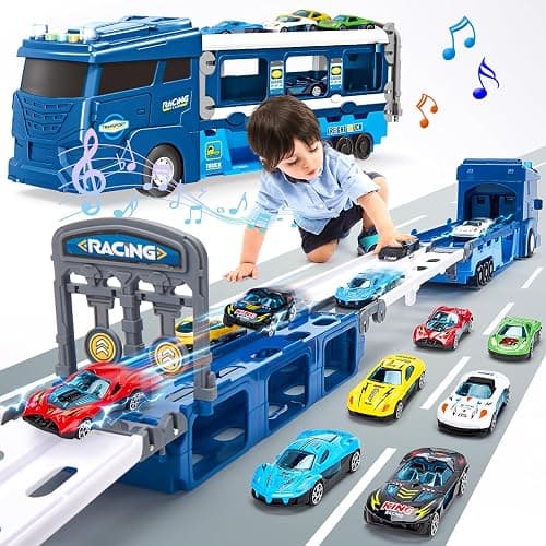hahaland Toys for 3 Year Old Boy Gift - 2 in 1 Car Carrier Transforms into Race Tracks Toys with Dual Launcher Truck for Kids Ages 3-5 - Car Sets for Boys 3 Year Old Boy Gifts - Image 1