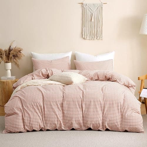TOCOMOA Pink Tan Gingham Duvet Cover Bedding Set 100% Washed Cotton Like Linen Feel Super Soft Comfy 2 Piece Vintage Plaid Checkered Fall Comforter Cover Set (Twin 68"x90", Comforter Not Included) thumbnail 3
