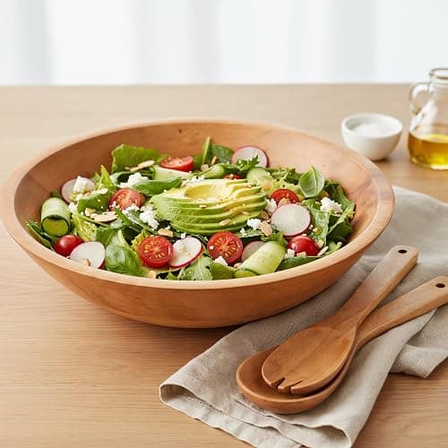 Extra Large Wooden Salad Bowl Set With Serving Utensils - A Beautiful Party Salad & Fruit Bowl With Serving Spoons Perfect for Your Dinner Party - Decorative & Practical Kitchen Must-Have - Image 1