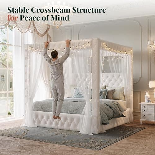 Jocisland Queen Canopy Bed Frame Velvet Upholstered Headboard, Cream | 74.8" Tall Four Poster, Deep-tufted velvet, 51.2" headboard, USB-A & USB-C outlets, No box spring needed, 45-min assembly thumbnail 6