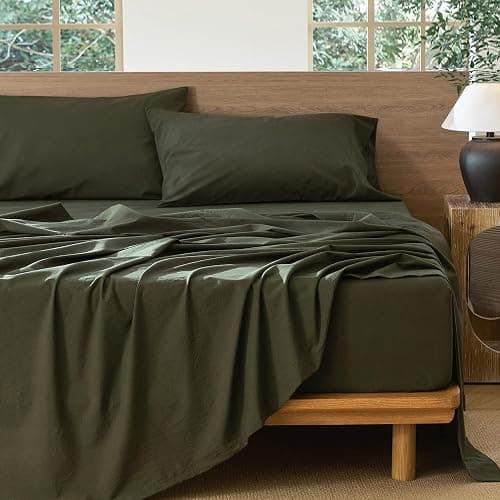 MooMee Bedding Sheet Set 100% Washed Cotton Linen Like Textured Breathable Durable Soft Comfy (Solid Olive Green, Queen) thumbnail 5