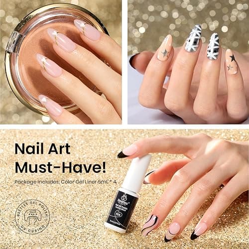 Beetles Gel Liner Nail Polish Set 10ml, 4 Pcs Nail Art Liner Gold Glitter Silver Black White Gel Polish Kit, 3D Mirror Gel Painted Glossy Swirl French Chrome Effect Nail Design Gift for Women thumbnail 3
