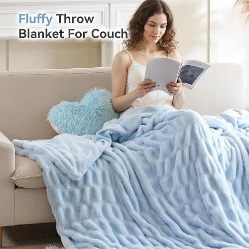 Smoofy Light Blue Throw Blanket for Couch – Ultra Soft Cozy Plush Fluffy Blanket with Faux Rabbit Fur, Fuzzy Lightweight Fleece for Sofa, Bed & Office, Gift for Women, Home Room Decor Throw 50"x 60" thumbnail 4