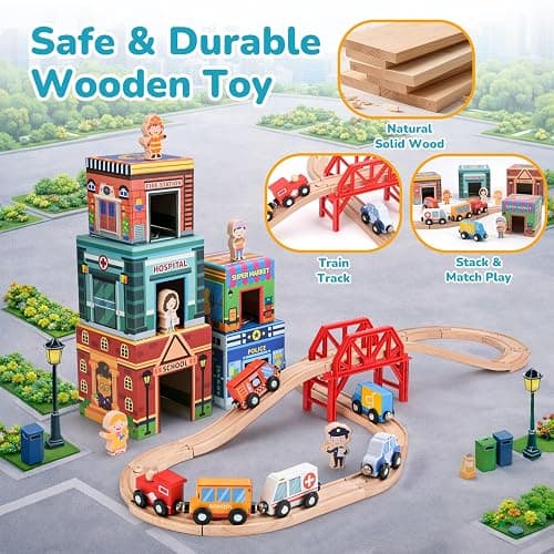Wooden Train Set for Kids 3-7, Wood Train Tracks Complete Town Railway Playset with Matching Figures, Vehicles, Stacking and Nesting Blocks, Sorting & Stacking Toys Gifts for Boys Girls thumbnail 6