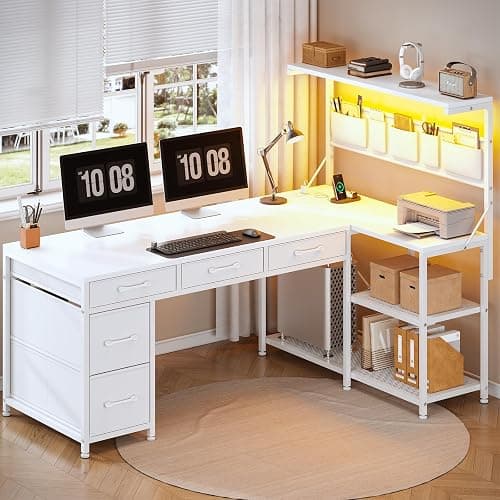SEDETA Corner Computer Desk, Reversible L Shaped Computer Desk with Fabric Drawers and Power Outlet, 47.2” Gaming Desk with LED Lights, Storage Shelves and Hutch, White thumbnail 3