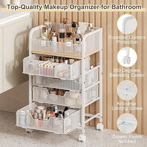 Hongtamoya Makeup Cart Organizer with 4 Drawers, Large Floor Skincare Organizers, Vanity Storage Organizer Cosmetics Display Cases for Skin Care Perfume Nail Polish, White (Patent Pending) thumbnail 5