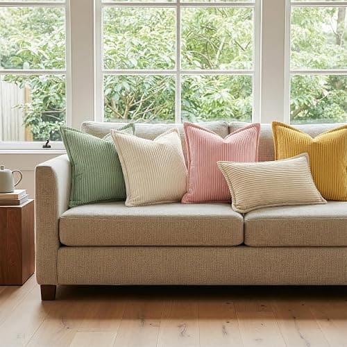 Mecatny Corduroy Fall Throw Pillow Covers 18x18 Set of 2 Cream White | Soft Striped Texture, Broadside Design, Neutral Boho Square Pillow Cases for Sofa Couch Living Room Bedroom, Home Décor thumbnail 3