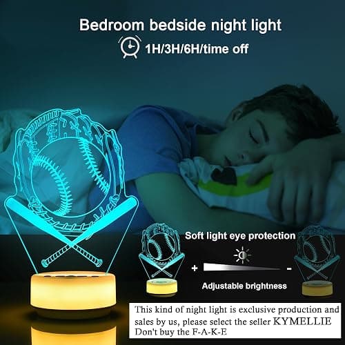 KYMELLIE Baseball Gifts Night Light for Kids-Sports Baseballs Decor Bedside Lamp for Baseball Fan, 14 Color with Remote Control/Buttons + Timer + Dim Function, Birthday Holiday Gift for Boys & Girls thumbnail 2